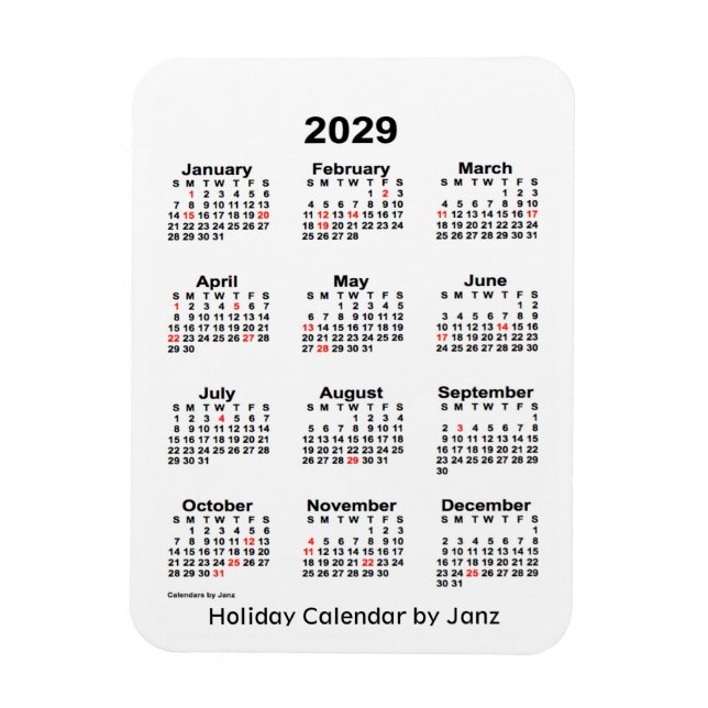 Flexible Calendrier des Fêtes Blanches 2029 par Janz Magnet (Vertical)