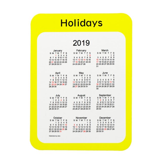 Flexible Calendrier des Fêtes Jaunes 2019 par Janz Magnet (Vertical)