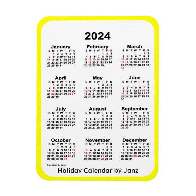 Flexible Calendrier des Fêtes Jaunes 2024 par Janz Magnet (Vertical)
