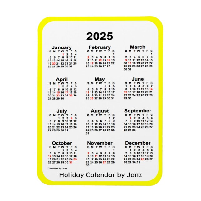 Flexible Calendrier des Fêtes Jaunes 2025 par Janz Magnet (Vertical)