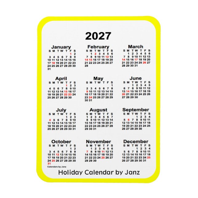 Flexible Calendrier des Fêtes Jaunes 2027 par Janz Magnet (Vertical)