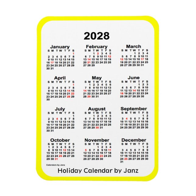 Flexible Calendrier des Fêtes Jaunes 2028 par Janz Magnet (Vertical)