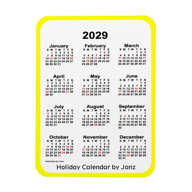 Flexible Calendrier des Fêtes Jaunes 2029 par Janz Magnet (Vertical)