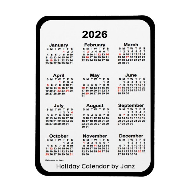 Flexible Calendrier des fêtes noires 2026 par Janz Magnet (Vertical)