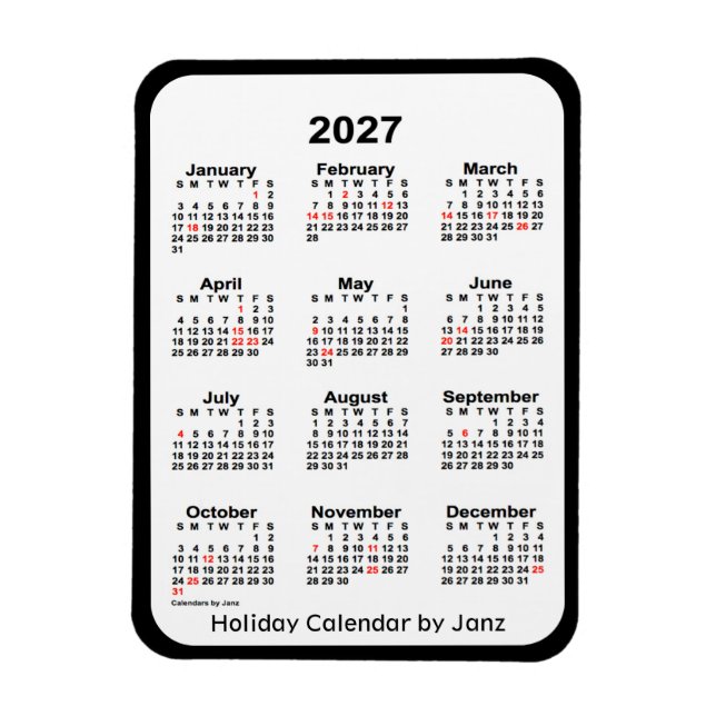 Flexible Calendrier des fêtes noires 2027 par Janz Magnet (Vertical)