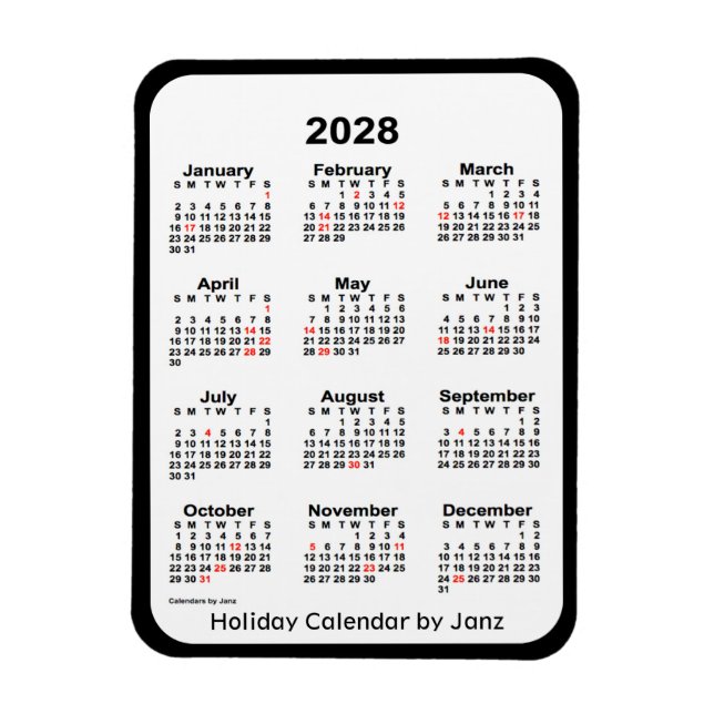 Flexible Calendrier des fêtes noires 2028 par Janz Magnet (Vertical)