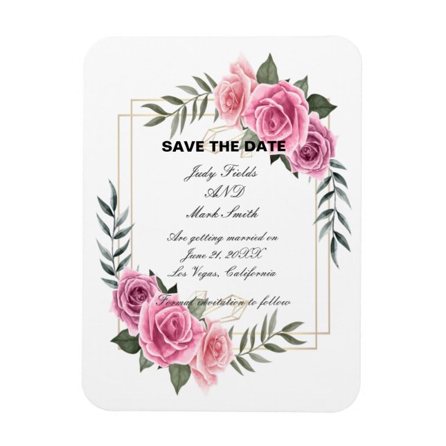 Flexible Elegant Geometric Pink Rose Save The Date Magnet (Vertical)