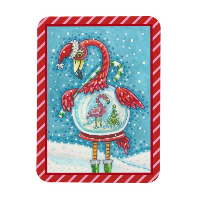 Flexible Flamant rose ROSE BLANC NOËL SNOWGLOBE MAGNET (Vertical)