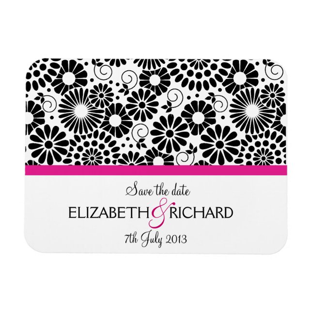Flexible Fleurs noires rétro 'Sauvez la date' Magnet (Horizontal)