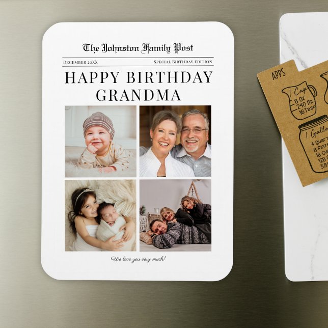 Flexible Fridge Magnet Anniversaire Photo Collage pour gran (Large custom fridge magnet with your custom family photos in a newspaper style grandma birthday gift)