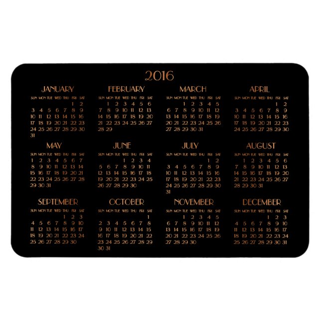 Flexible Grand Bronze Noir Calendrier Annuel 2016 Magnet (Horizontal)