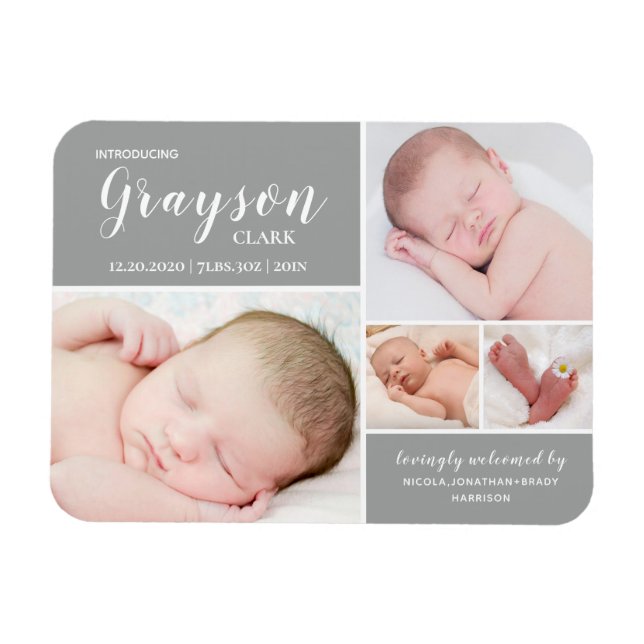 Flexible Gris Photo Collage Bébé Magnet Faire-part de naiss (Horizontal)