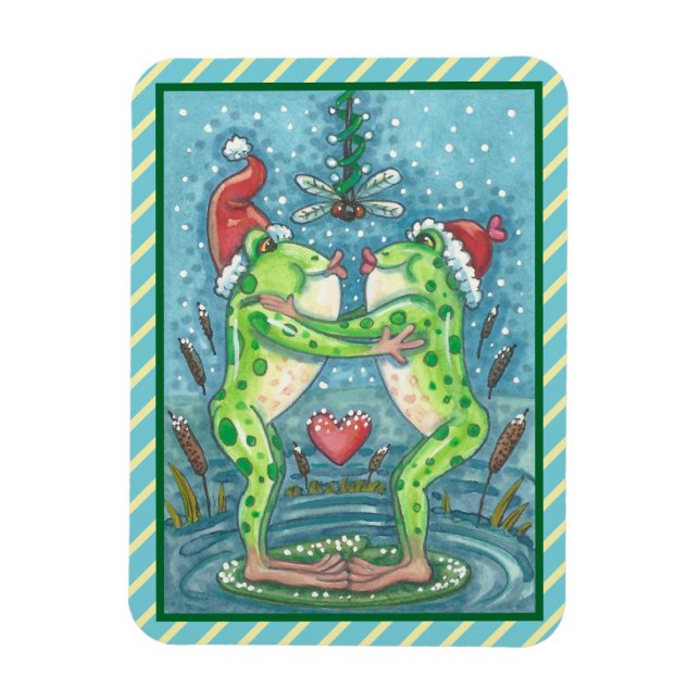 FLEXIBLE KISSING FROGS, DRAGONFLY MISTLETOE HOLIDAY MAGNET (Vertical)