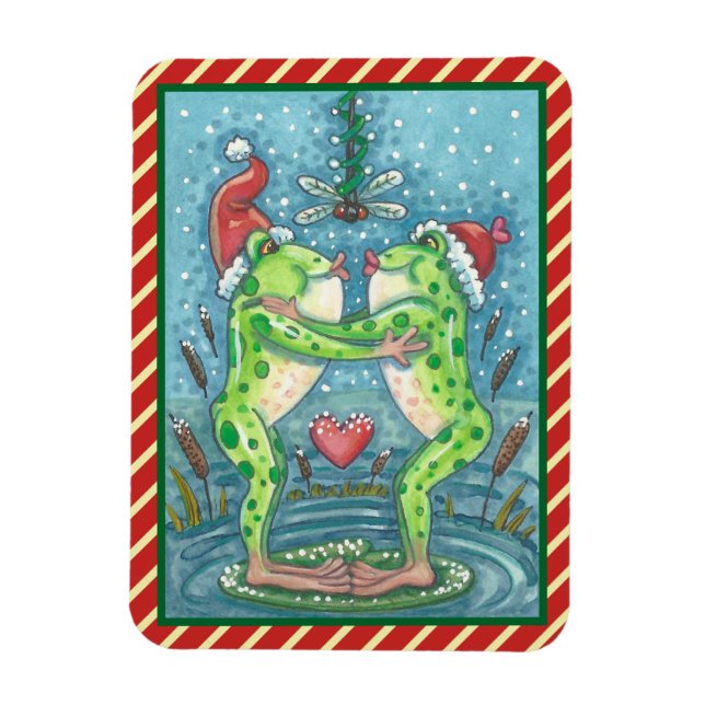 FLEXIBLE KISSING FROGS, DRAGONFLY MISTLETOE HOLIDAY MAGNET (Vertical)