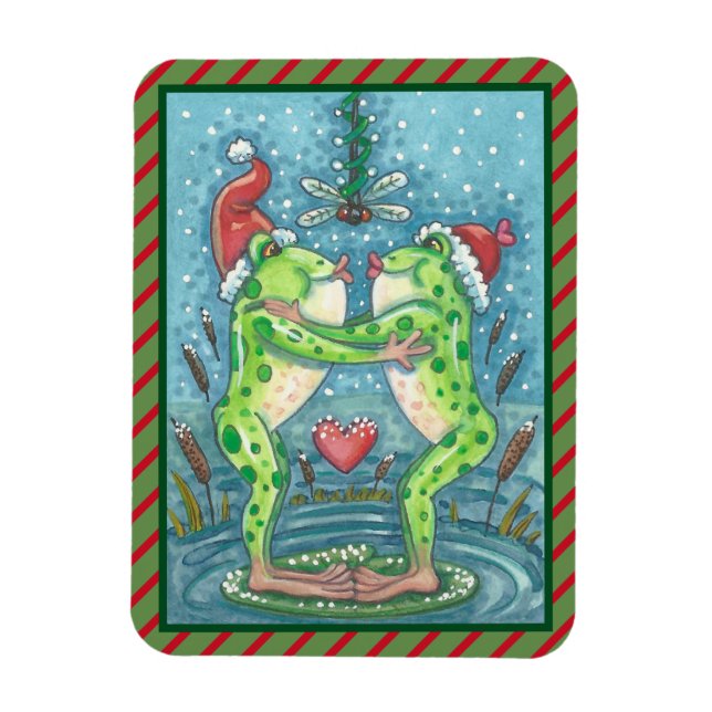 FLEXIBLE KISSING FROGS, DRAGONFLY MISTLETOE HOLIDAY MAGNET (Vertical)