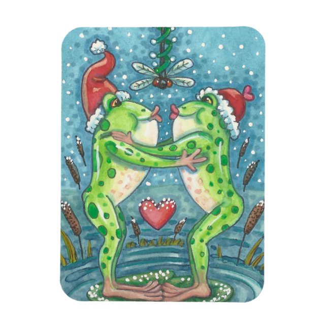 FLEXIBLE KISSING FROGS, DRAGONFLY MISTLETOE HOLIDAY MAGNET (Vertical)