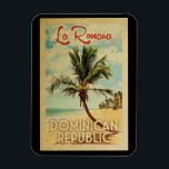 Flexible La Romana Magnet Palm Tree Vintage Travel<br><div class="desc">A uniquely retro mid-century modern La Romana Dominican Republic art print in vintage travel poster style. It features a curved palm tree on sandy beach with ocean under a blue cloudy sky.</div>