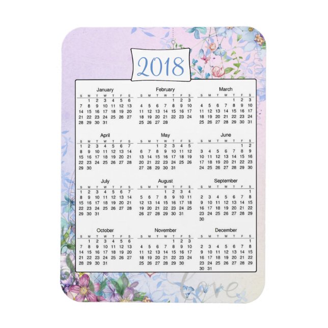 Flexible Magnet 2018 Purple Floral Love Calendar (Vertical)