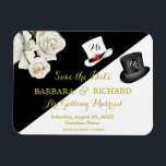 Flexible MAGNET Noir & Blanc Mariage Enregistrer la date<br><div class="desc">Romantique et unique budget floral noir et blanc Enregistrer la date. Lettres en or pour l'éteindre et un chapeau de dessus noir pour le gentleman et un casquette blanc pour la future mariée. Étiqueté avec soin "Mme et M." pour changer à mesure que l'événement se rapproche, bien sûr. Pour toute...</div>