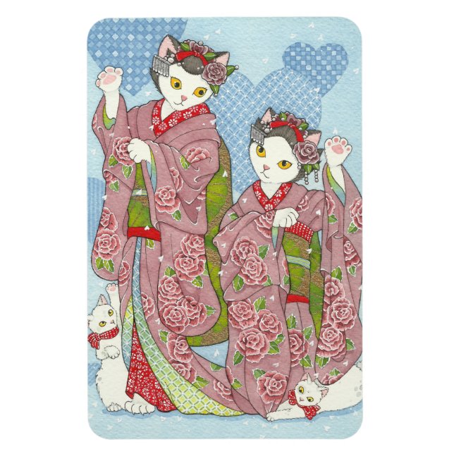 Flexible Maiko Maneki Neko Bonne Chance Kimono Chats Magnet (Vertical)