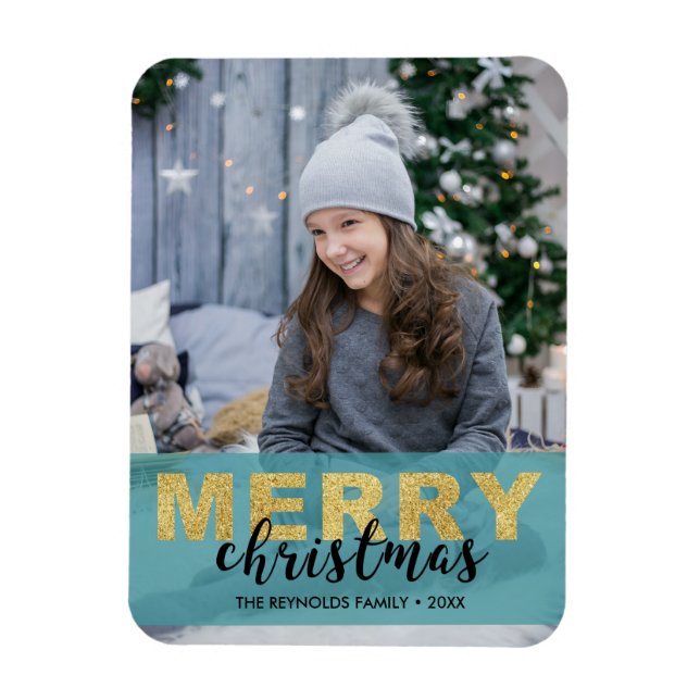Flexible Modern Gold Blue Merry Christmas - Photo Magnet (Vertical)