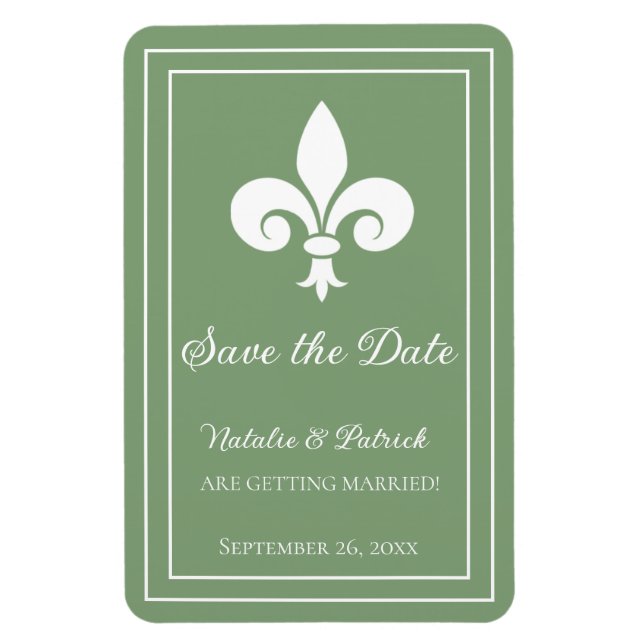 Flexible Moss Green Fleur de Lis Économisez la date Magnet (Vertical)