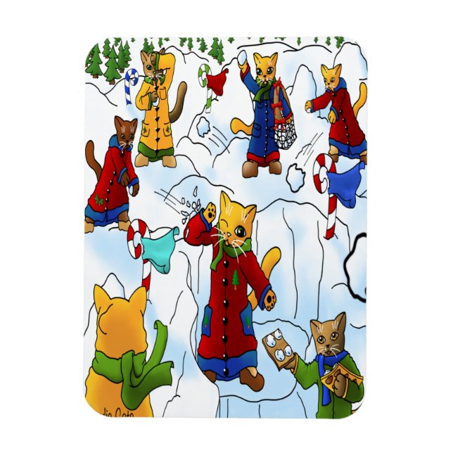 Flexible Noël Snowball Fight Cats Magnet (Vertical)