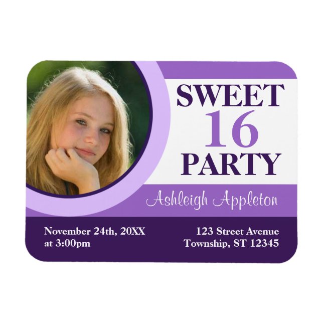 Flexible Purple Photo Sweet 16 Party Invitation Flat Magnet (Horizontal)