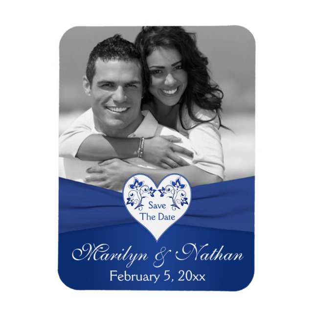 Flexible Royal Blue White Floral Heart Mariage Photo Magnet (Vertical)
