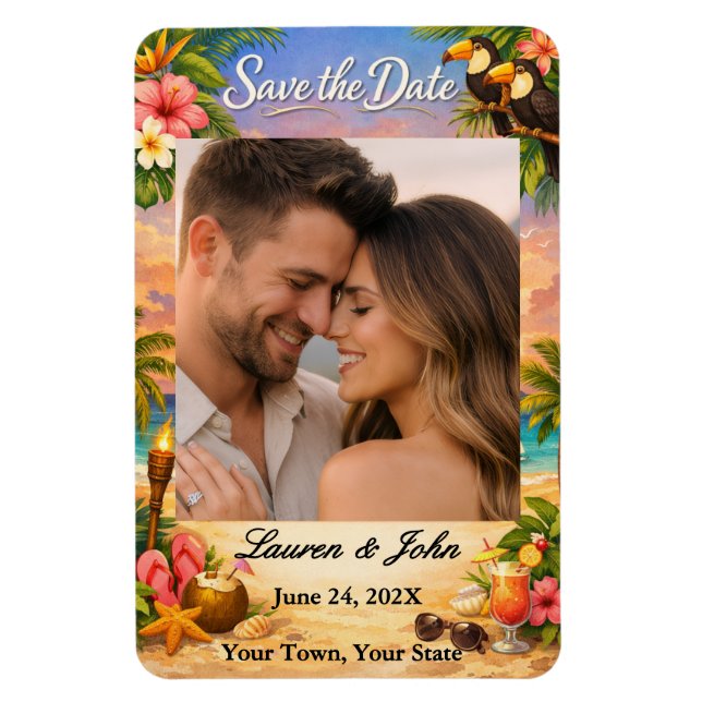 Flexible Tropical Paradise Photo Save Date Wedding Magnet (Vertical)