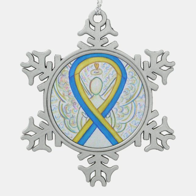 Flocon De Neige Bleu et Jaune Sensibilisation Ruban Angel Ornement (Devant)