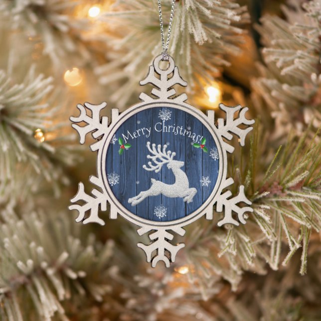 Flocon De Neige Bleu Rustique Noël Reindeer Snowflake Ornement (Arbre)