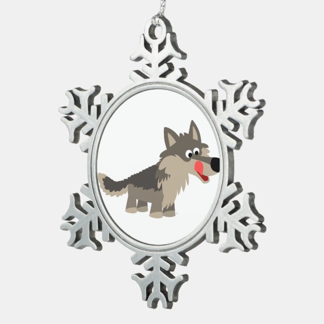 Flocon De Neige Cartoon mignon affamé Wolf Pewter Ornement (Vue impression)