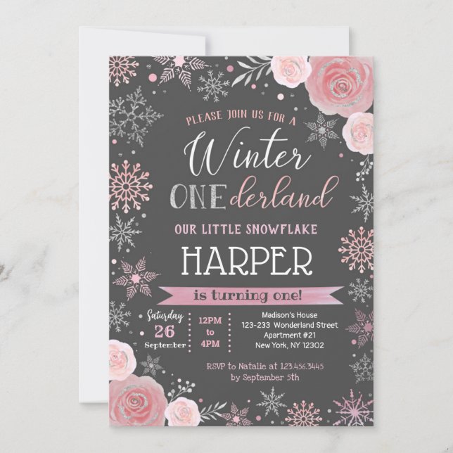Flocon de neige hiver 1er anniversaire Invitations (Devant)
