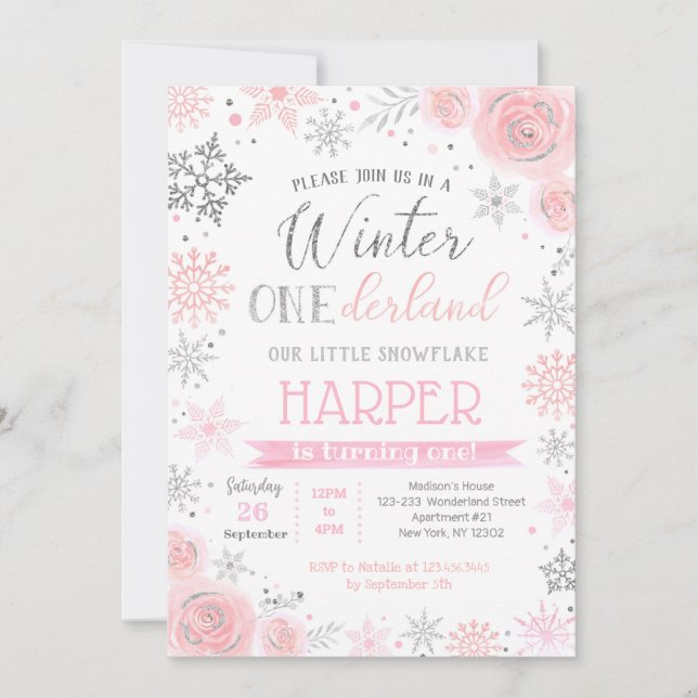 Flocon de neige hiver 1er anniversaire Invitations (Devant)