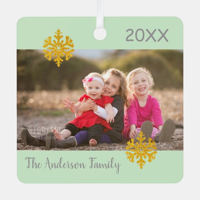 Flocon de neige Noël Famille Photo Ornement en mét (Recto)