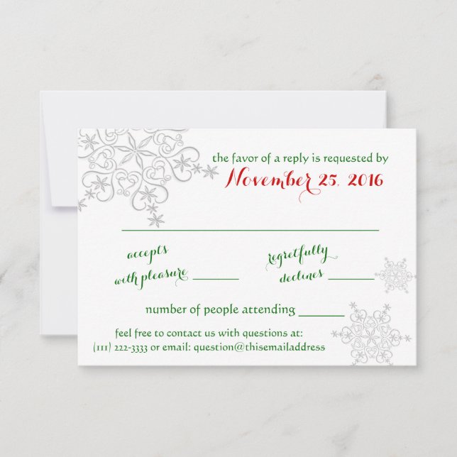 Flocon de neige rouge avec mariage hiver vert RSVP (Devant)