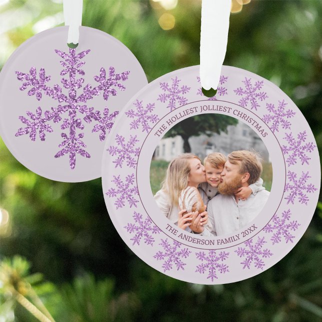 Flocon de neige violet glam mignon Noël Round Phot (Double sided Christmas ornament with your photo and text & a single purple snowflake on the reverse)