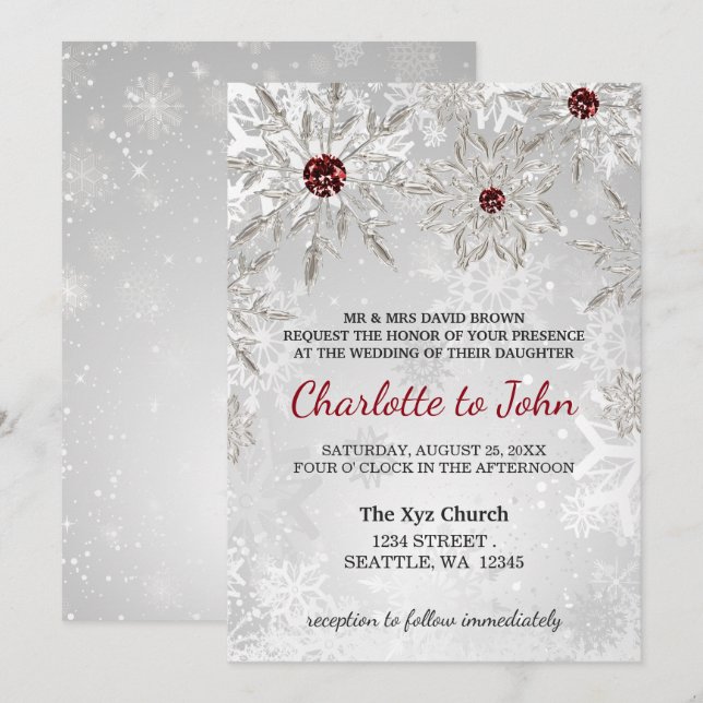 flocon rouge argent invitation de mariage d'hiver (Devant / Derrière)