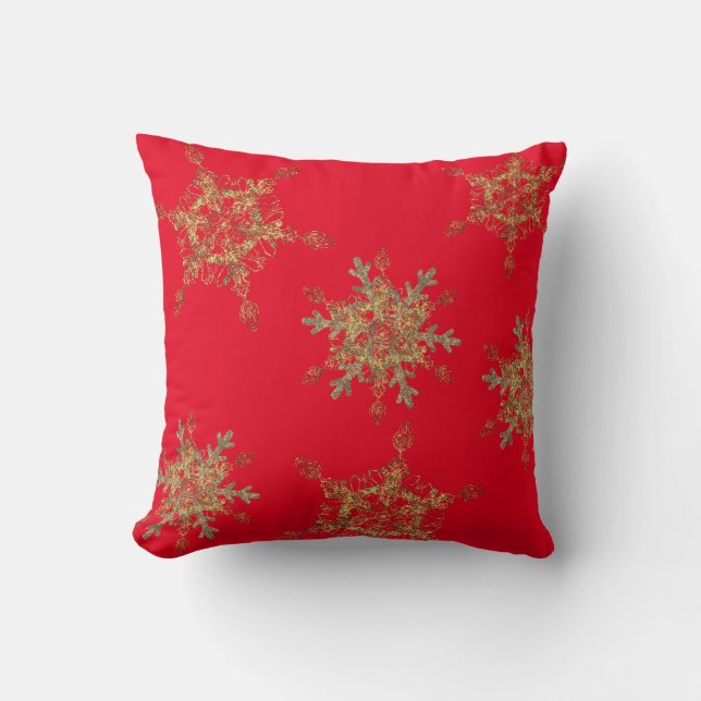 Flocons de neige dorés rouges élégants Coussin de  (Recto)