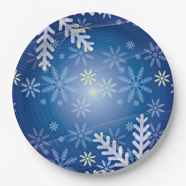 Flocons de Noël - Assiette en Papier à Fond Bleu (Devant)