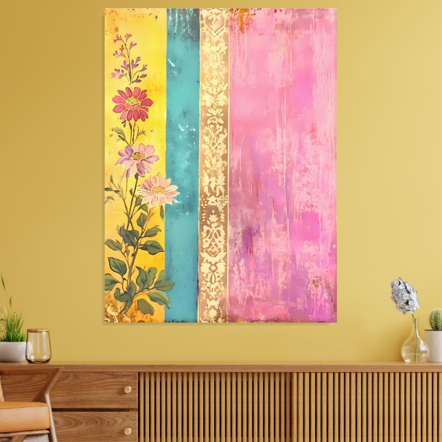 Floraison Bohème – Fleurs sauvages sur toile rayée (Insitu(Salon))