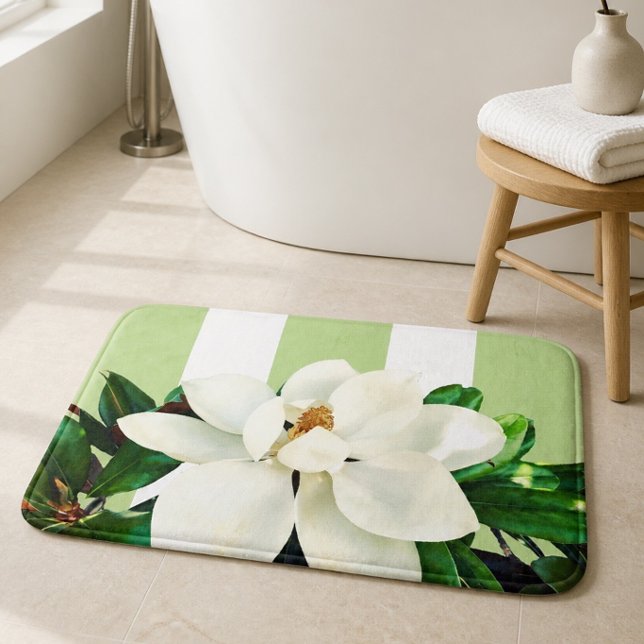 Floraison de Magnolia | Tapis de Bain Rayé Vert et (Créateur téléchargé)