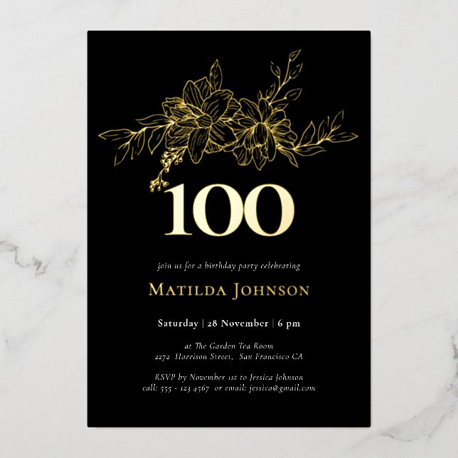 Floral 100e anniversaire Gold Foil Invitation (Recto)