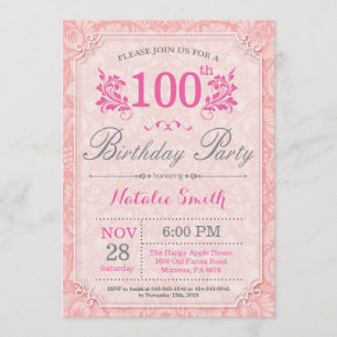 Floral 100e anniversaire Invitation rose pour les