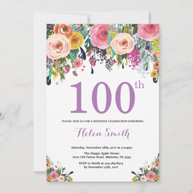 Floral 100e anniversaire Invitation violet (Devant)