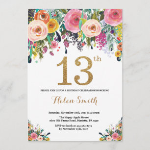 Floral 13e anniversaire Invitation Parties scintil