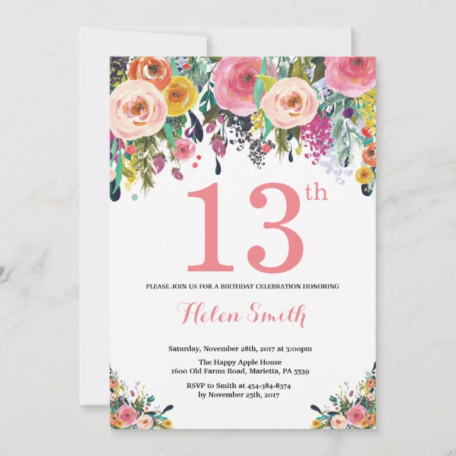 Floral 13e anniversaire Invitation rose (Devant)