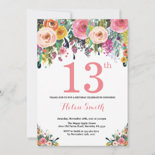 Floral 13e anniversaire Invitation rose