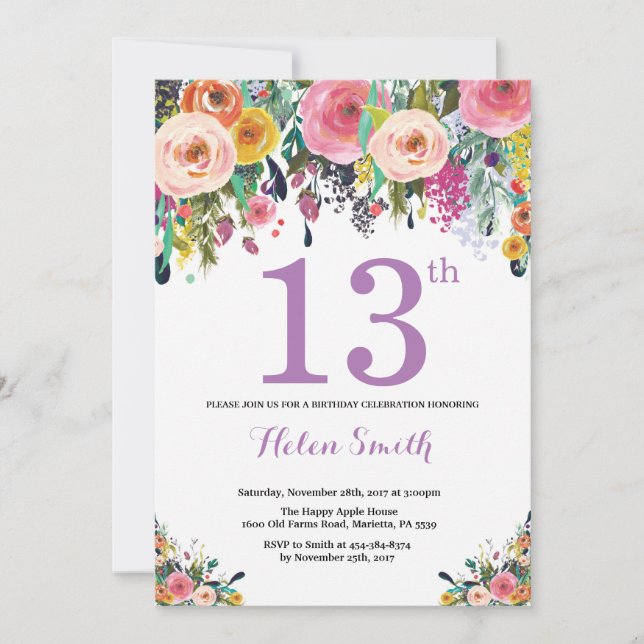 Floral 13e anniversaire Invitation violet (Devant)